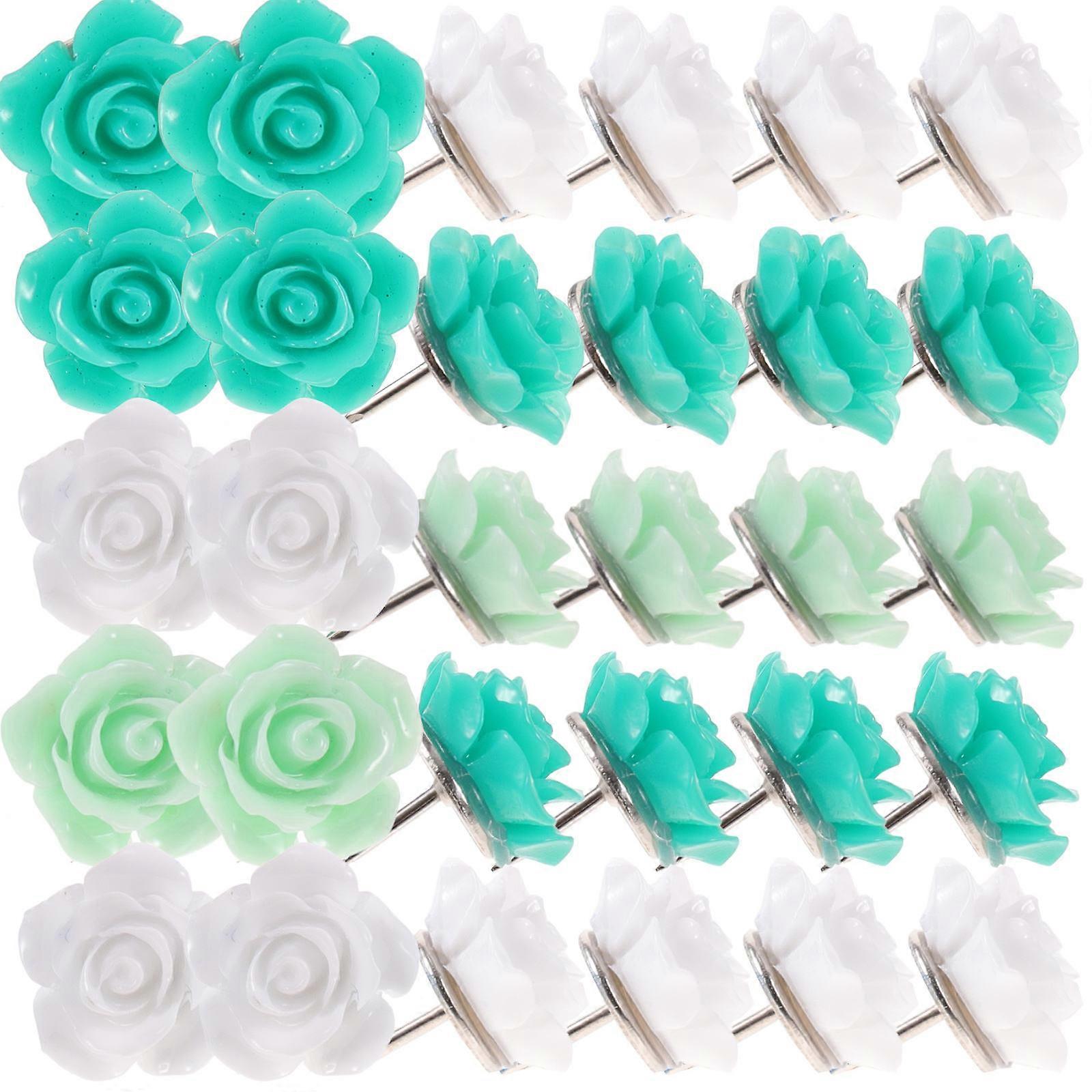 30Pcs Flower Shape Push Pins For Classroom Office Home Decoration Made Of Green Resin And Nickel Coated Steel Functioning As Memo Fixation