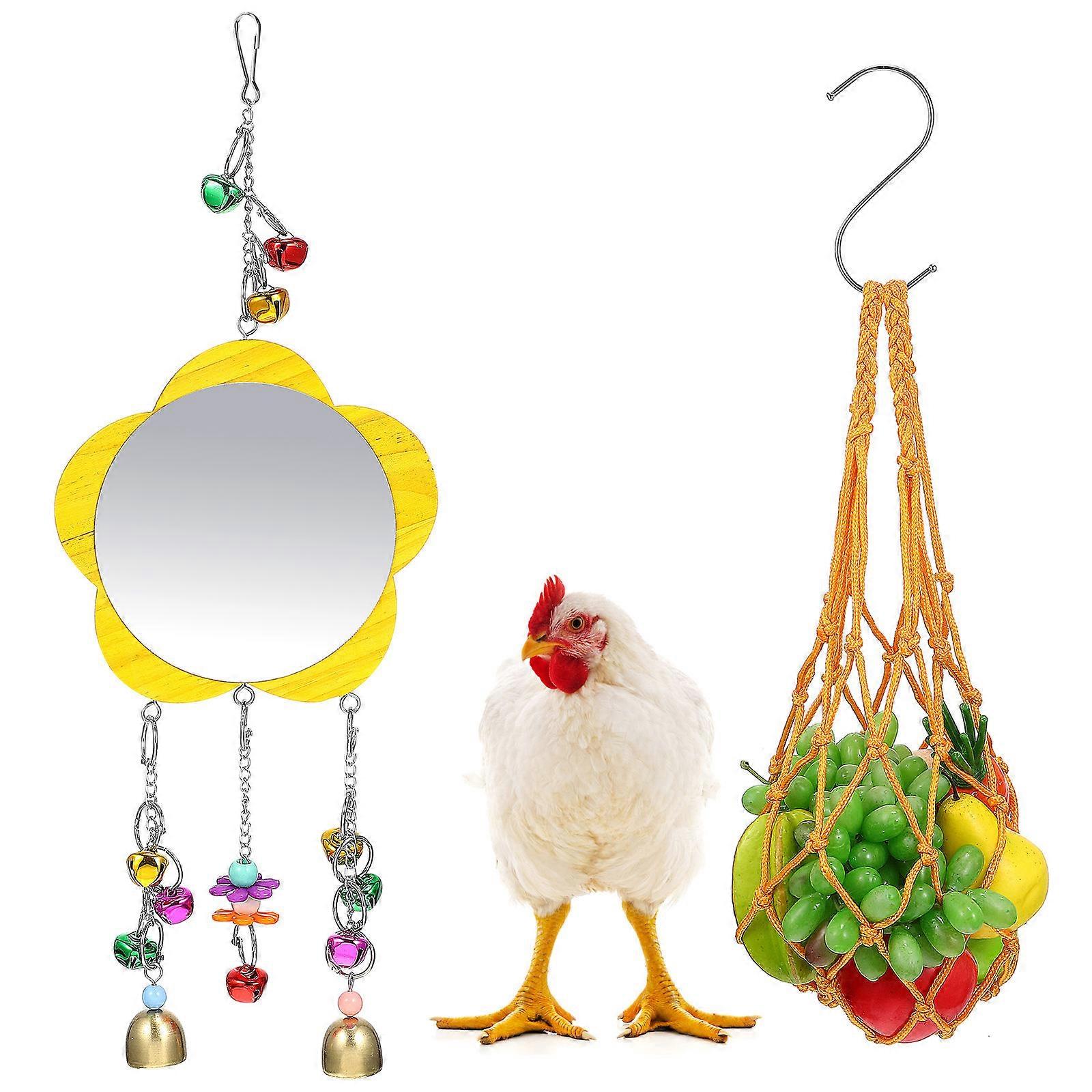 Chicken Feeder Net Bag Foraging Toy with Wood Mirror 3Pcs for Poultry Use