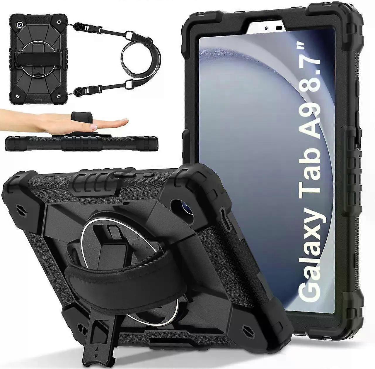 Case for Samsung Galaxy Tab A9 8.7 Inch 2023 Model SM-X110/X115/X117 with Rotating Stand Pencil Holder Hand/Shoulder Strap, Heavy Duty Shockproof Prot