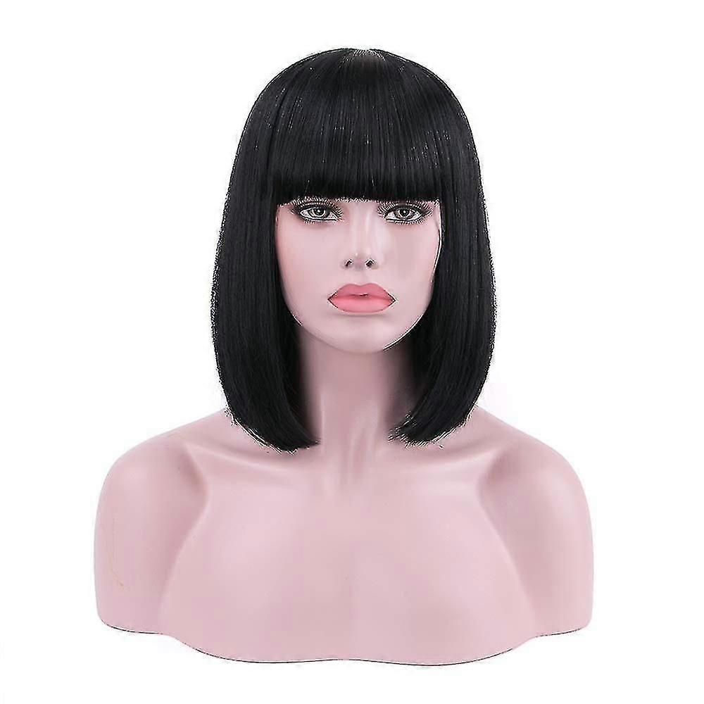 Rosa Star Short Bob Hair Perruques 12 » Straight With Flat Bangs Synthetic Hair Wig Colorful Cosplay Daily Party Wig For Women (noir)