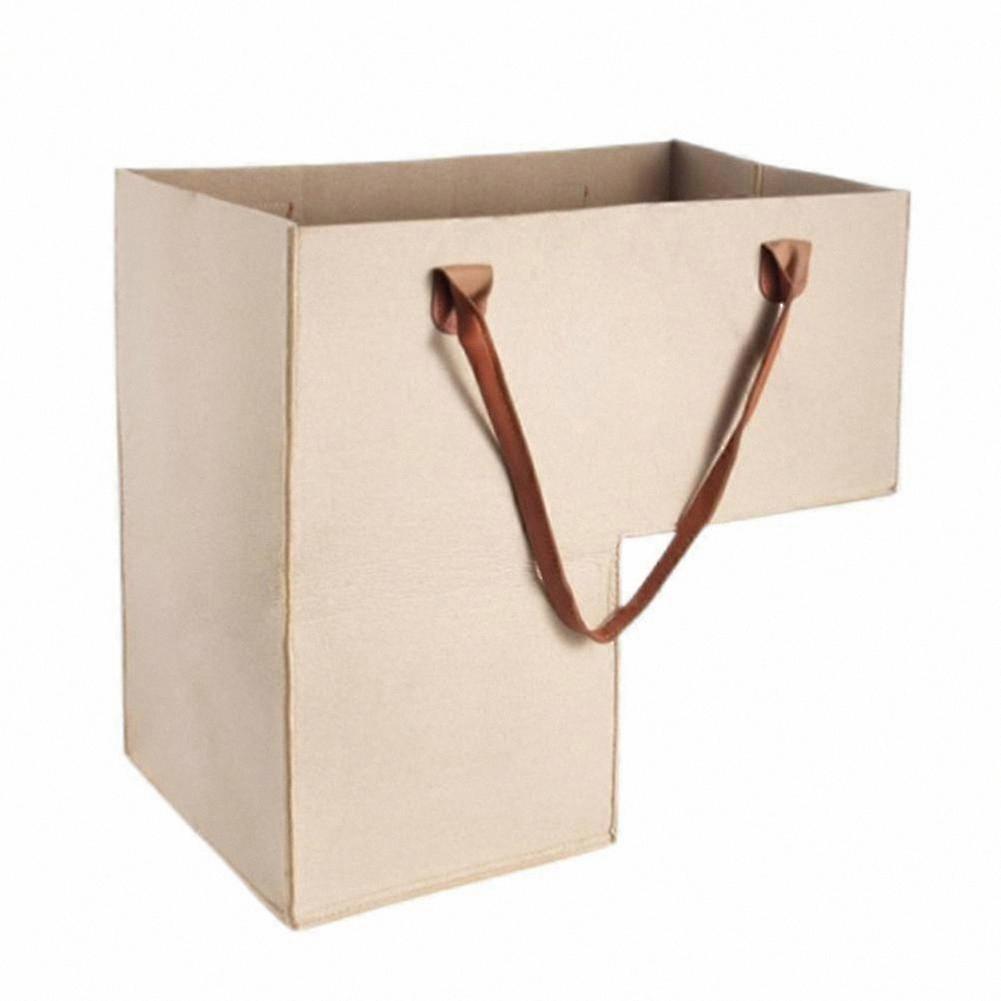 Large Capacity Felt Storage Basket with Leather Handles L-Shape Stair Step Organizer Bin