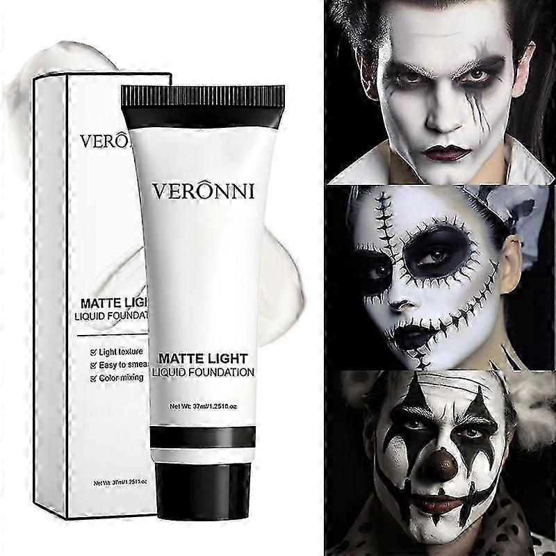 Hvit ansiktssminke, Anti-flekkfundament, hvit maling for ansiktsmaling, 37 ml matt væske langvarig for klovn Cosplay Party Voksne
