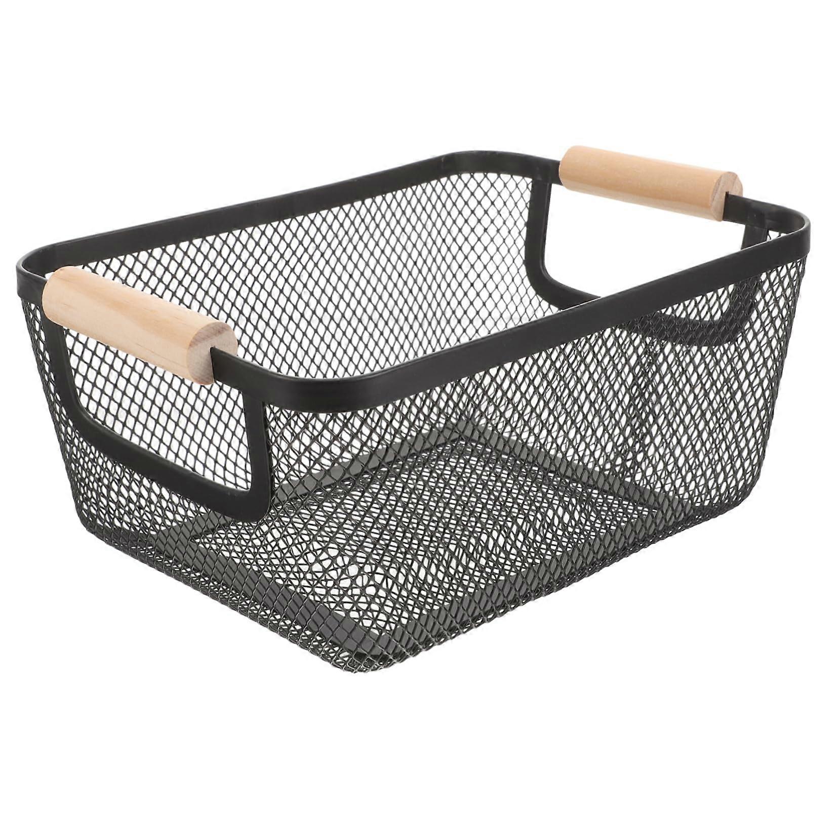 Wire Storage Bin With Handle - Black Metal Mesh Basket Organizer for Indoor Plants and Condiment Bottles, 25.5x18cm