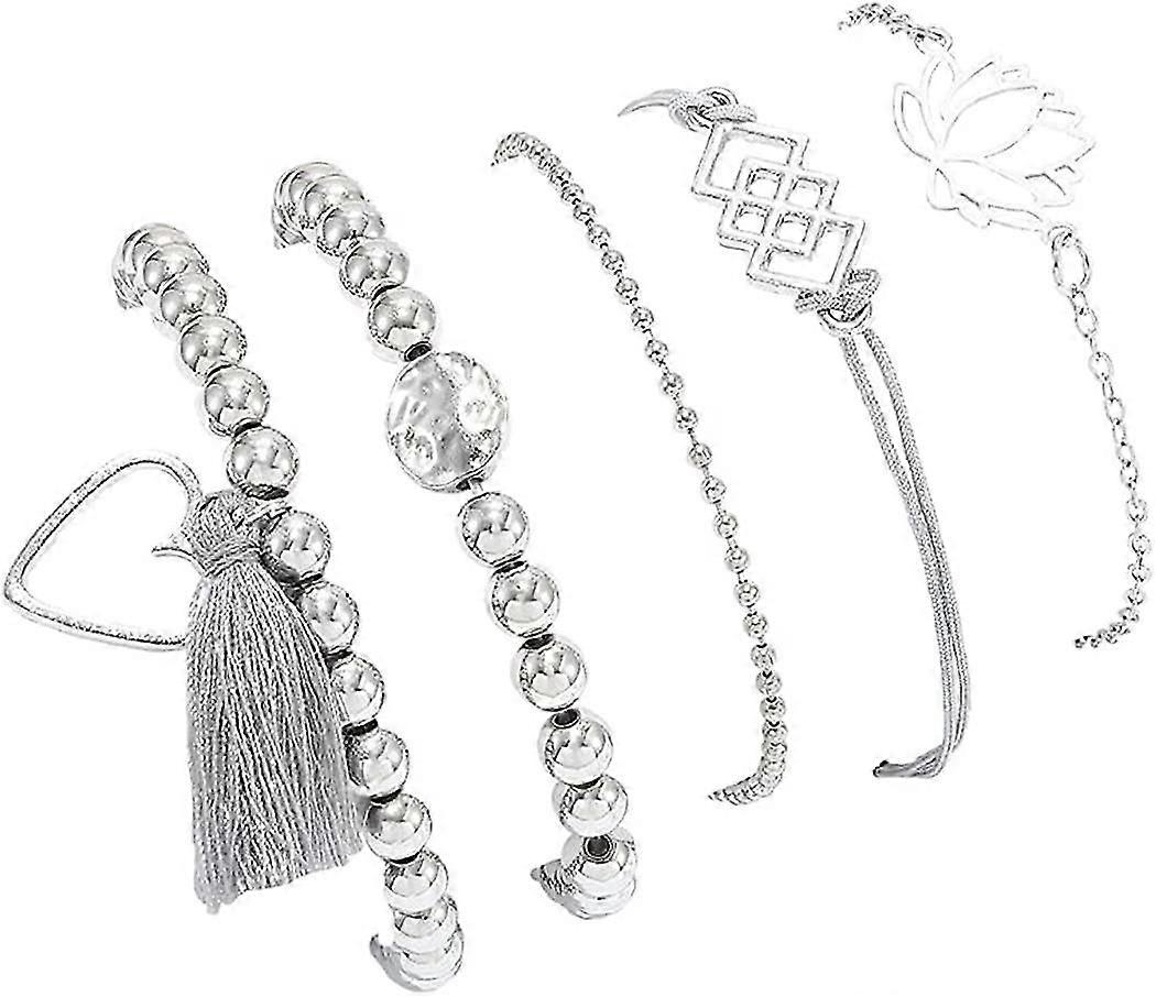 レイヤードハンドチェーンビーズブレスレットシルバータッセル付きハンドメイドハートブレスレット