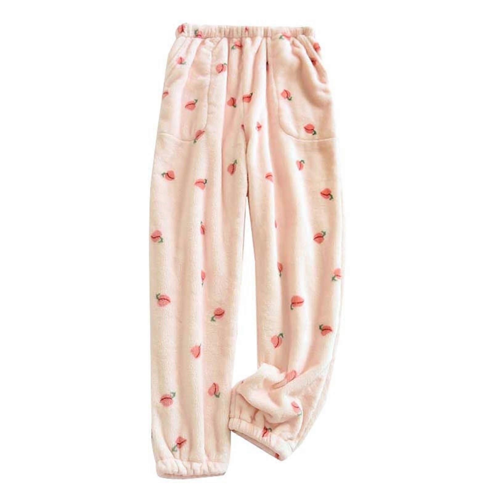 Ladies Pyjama Bottoms Sweet Home With Pockets Plus Size Autumn Winter Thickened Warm Soft Fluffy Flannel Nightwear M Red