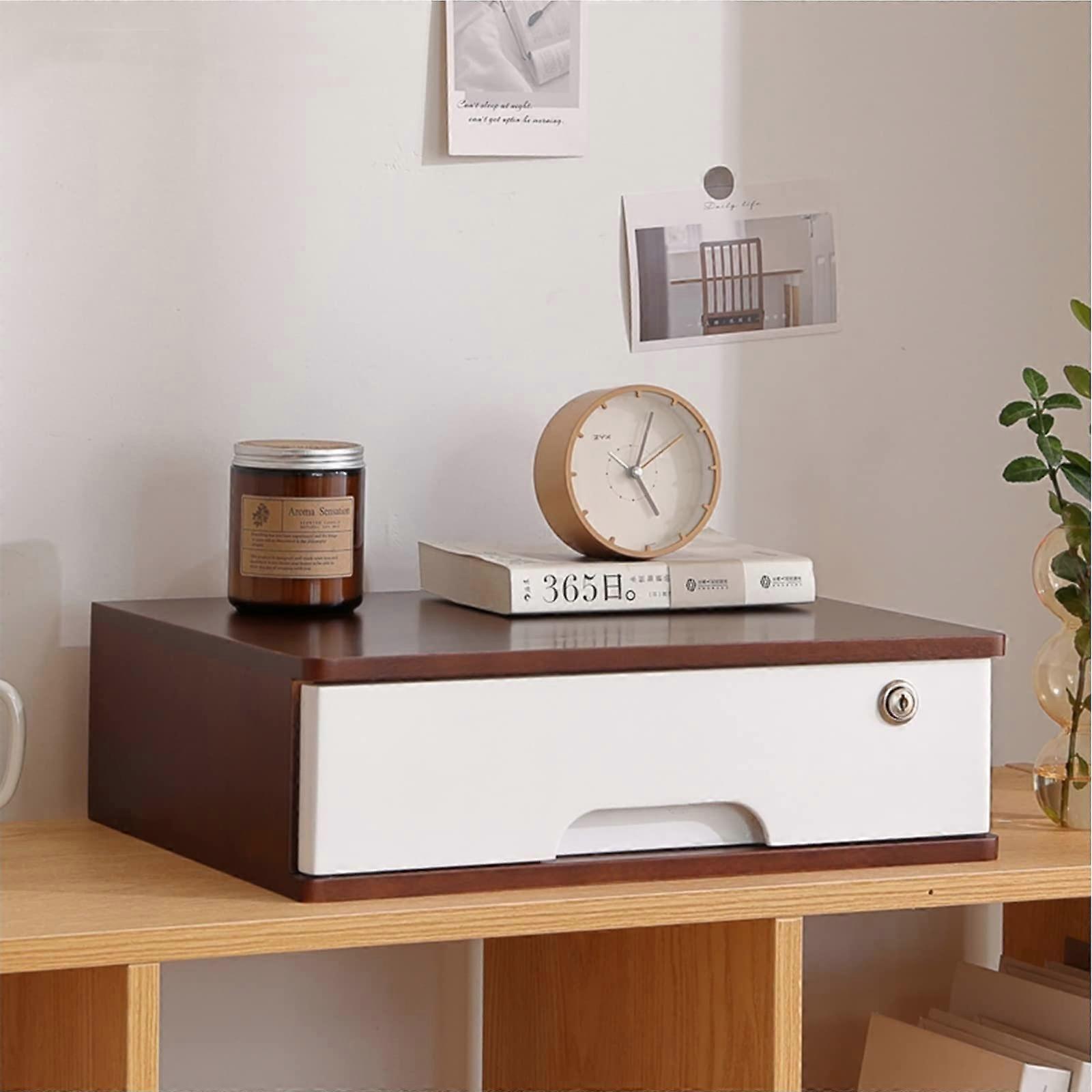 Wooden Desktop Storage Box with Locking Drawers for Monitor Stand and Printer, MultiLayer File Organizer for Home Office Desk