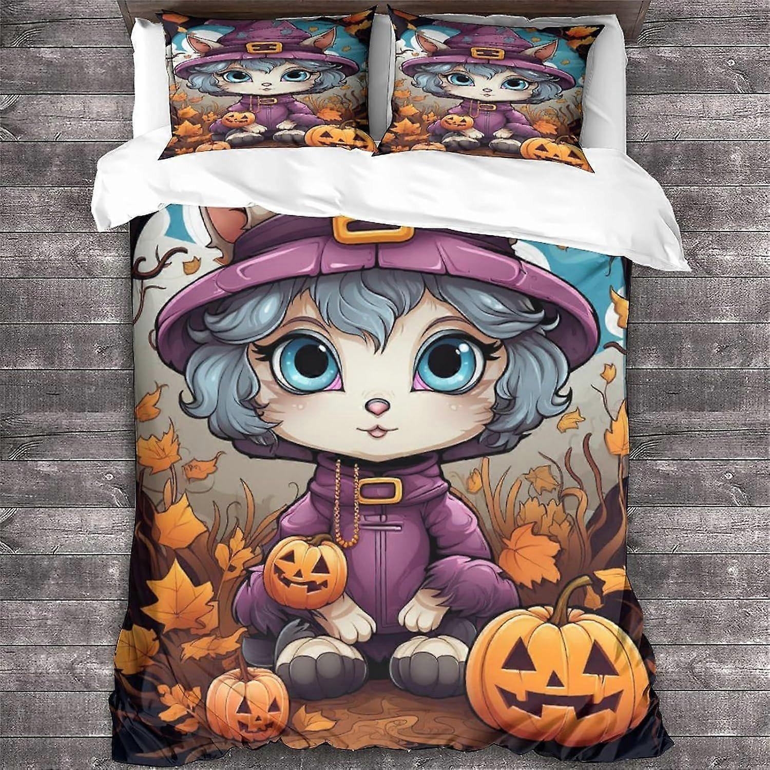 LikeEj Cat Povlečení 3D zvířecí vzor Tisk Povlečení Halloween Přikrývka Sada povlaků na přikrývky, měkké mikrovlákno Double