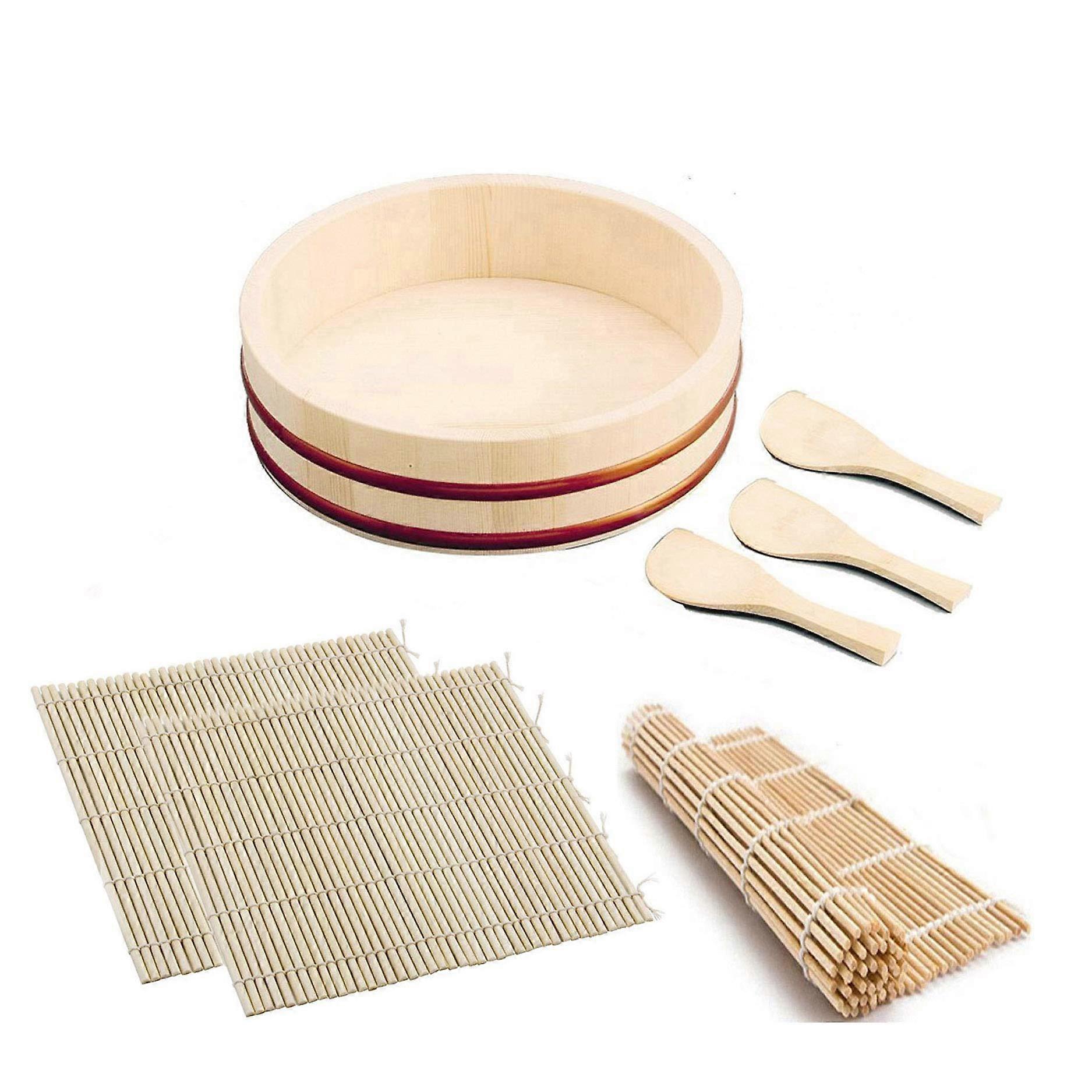 Sushi Making Kit with Wooden Hangiri Bowl, 3 Bamboo Rolling Mats and Rice Paddles for Home