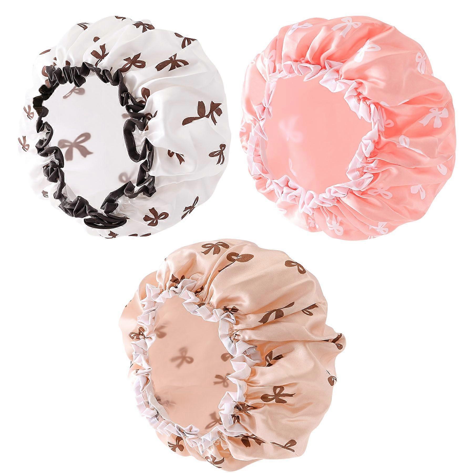 Shower Cap Set for Women Waterproof Double Layer Extra Large Comfortable Fit 3 Colors