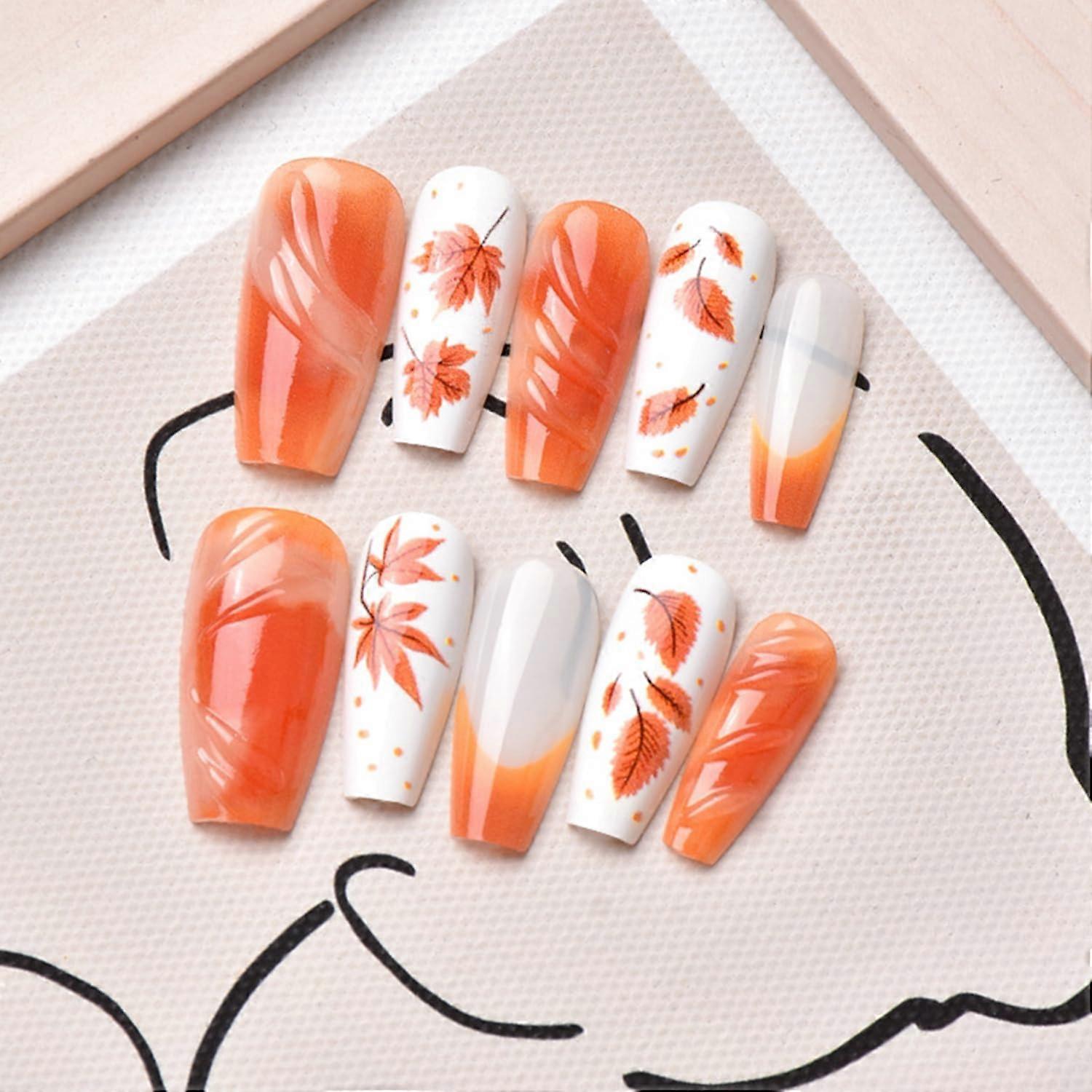 30Pcs Fall Press on Nails Medium Ballet Shape with Maple Leaf Design Reusable Acrylic Finish