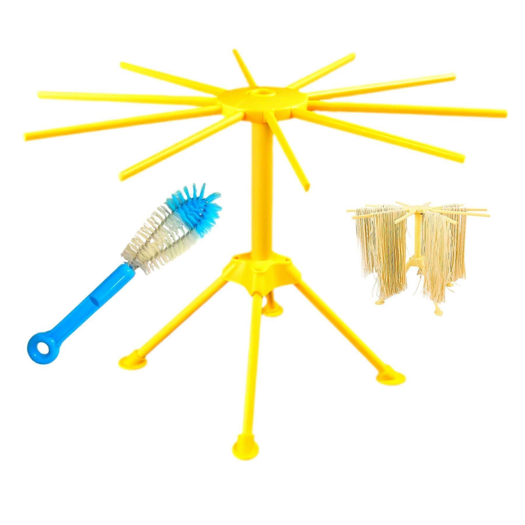 Collapsible Pasta Drying Rack with 10 Arms, Foldable Noodle Stand with Cleaning Brush for Kitchen