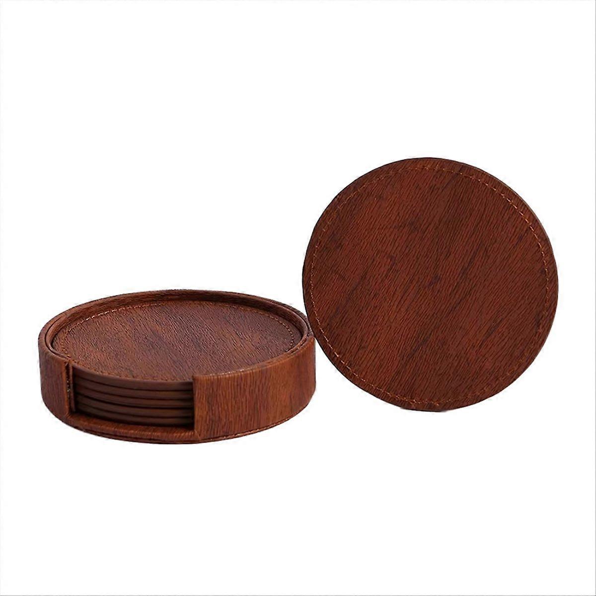 Wood Grain Leather Coasters for Tea & Coffee Cups - Insulated,Brown