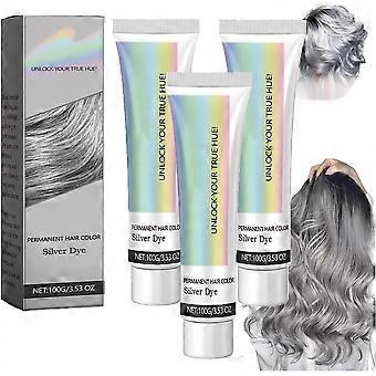 Silver Hair Dye 2in1 Natural Silver Gray Hair Color Cream LongLasting Full Grey Coverage (Silver, 3pcs)