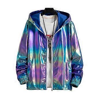 Men Glittery Reflective Panels Hooded Jacket - Long Sleeve Zipper Closure Disco Coat - For Parties & Nightclubs Wear