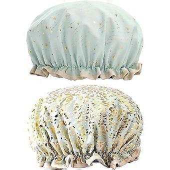 Double Shower Caps, Reusable, Waterproof Elastic Edge, Covers Ears, Suitable for Women's Showers, Spa and Salon Use, 2-Pack, Green.