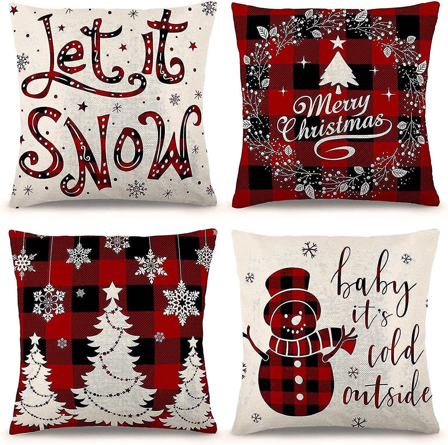 Christmas Pillow Covers 1818 Inch Set Of 4 Farmhouse Black And Red Buffalo Plaid Pillow Covers Holiday Rustic Linen Pillow Case For Sofa Couch Christm