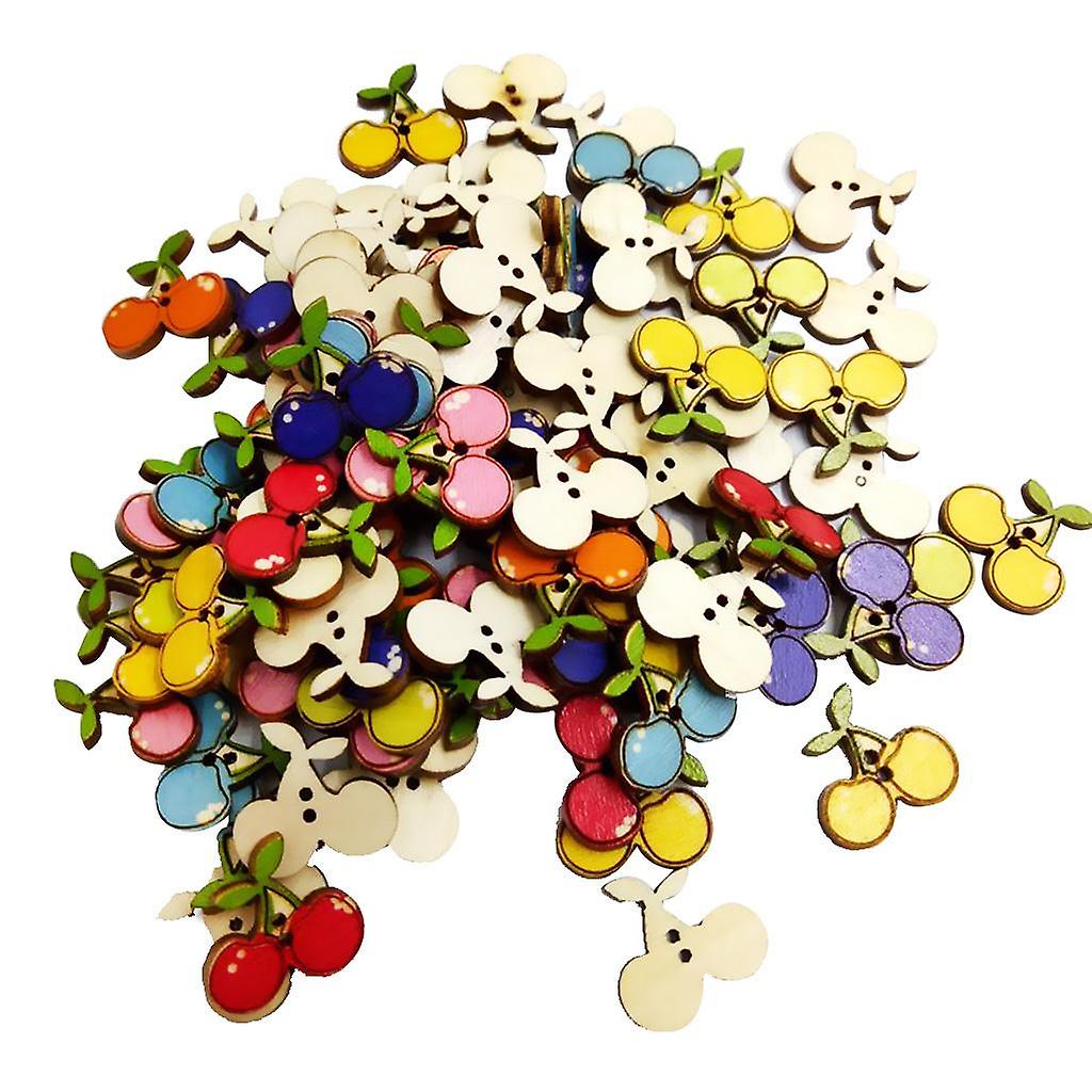 100 Pieces Assorted Cherry Shape Wood Flat 2 Holes Button for Sewing Craft