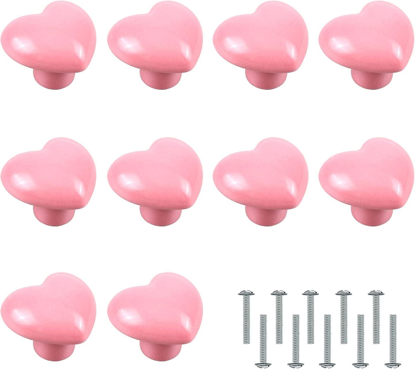 10 Pieces Door Knobs, Heart Shaped Handle Furniture Knobs Pink Ceramic Knobs for Wardrobe Cupboard Children's Room