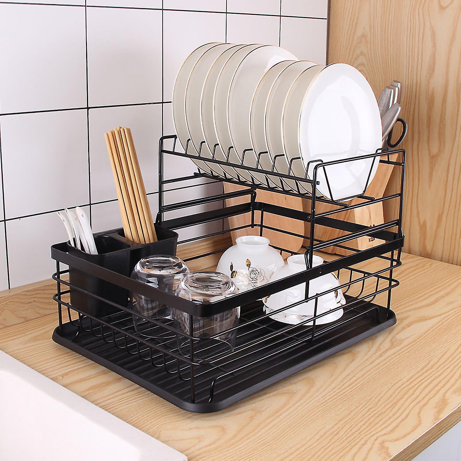 Simple Iron Double Layer Tableware Shelf 43x32x27cm Black