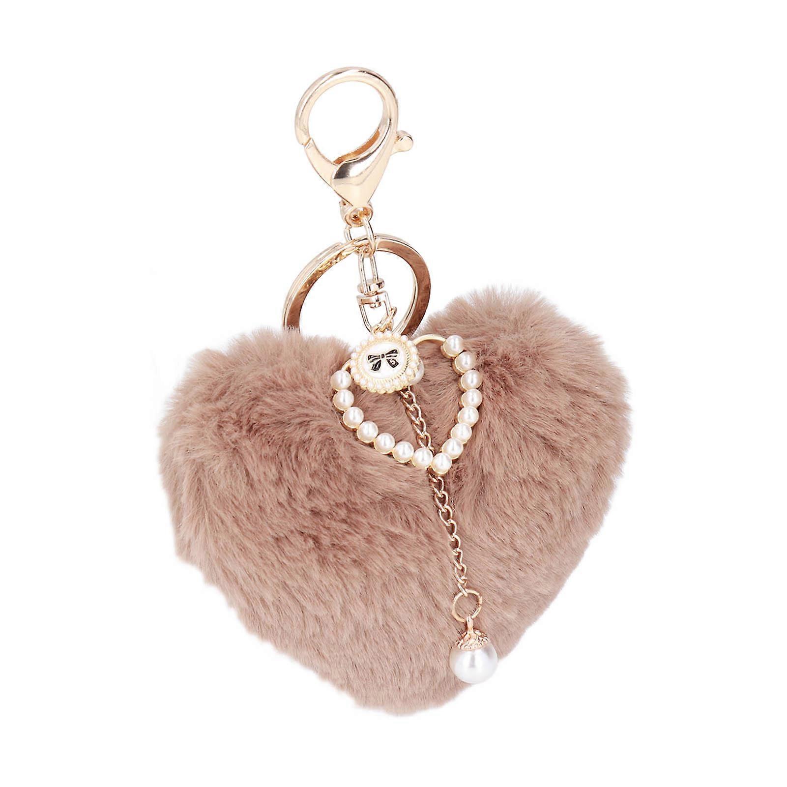 Keychain Pom Pom Heart Shaped Fluffy Soft Plush Odorless Fadeless Wide Application Zinc Alloy Durable Backpack KeychainCoffee