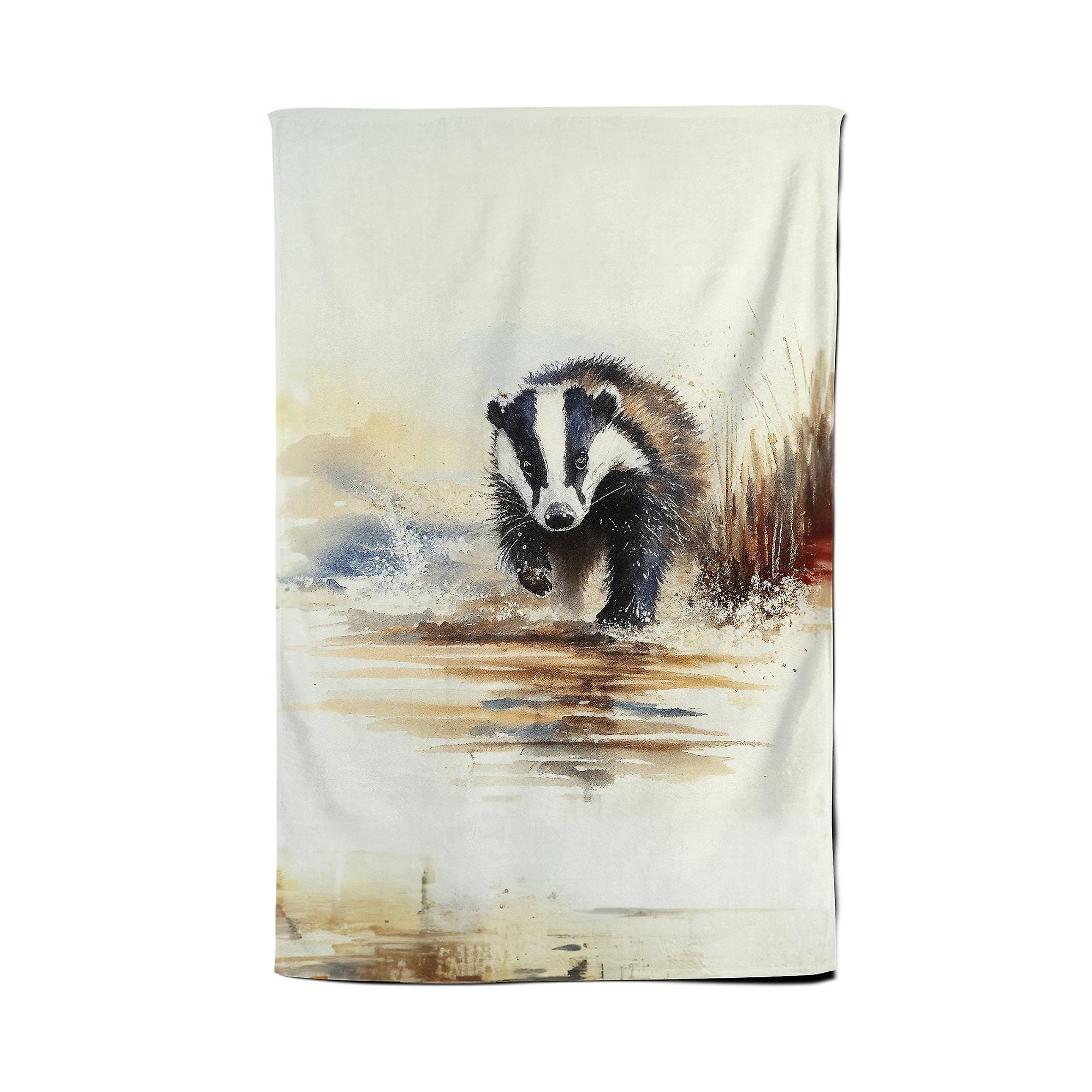 Wading Badger Watercolour Tea Towel