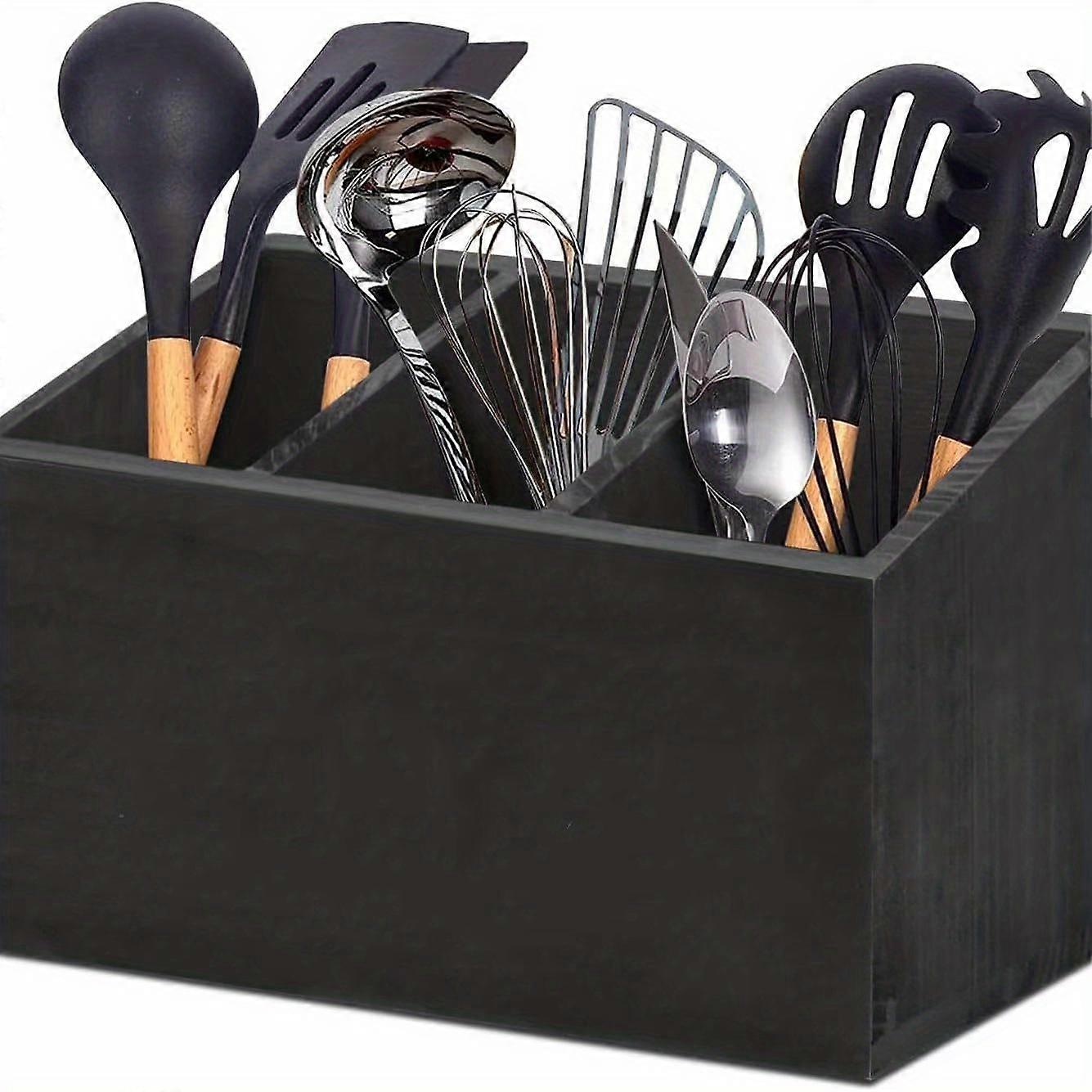 Farmhouse Style Wooden Tableware Rack - 2 Layers of Tableware Box for Kitchen Organization and Storage - Black Finish