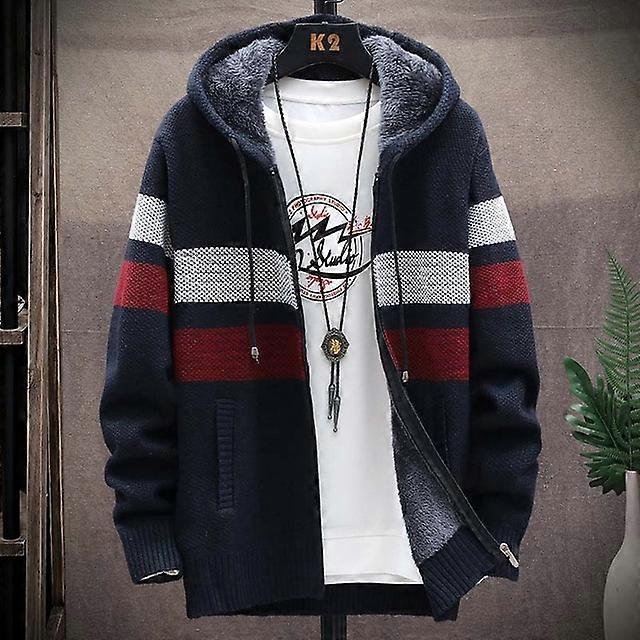 Striped Mens Sweater Coat Thick Fleece Warm Zipper Wool Hooded Cardigan Jumpers Men Long Sleeve Knitted Sweaters MXY110