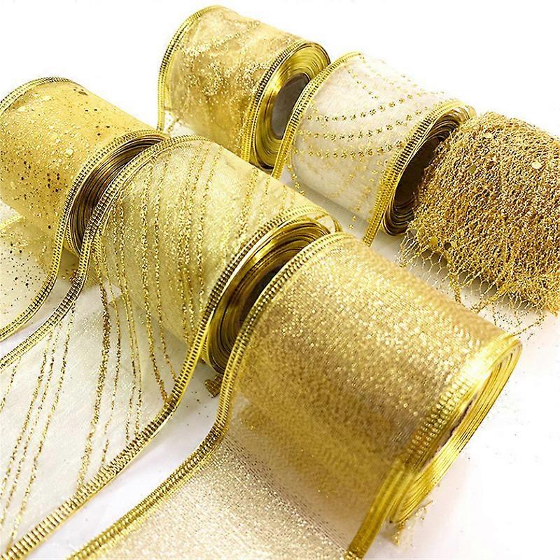 6PCS Christmas Wired Ribbon Snowflake Organza Sheer Glitter Ribbon for Xmas Tree, Wreath, Party Decoration, Gift Wrapping (Golden)