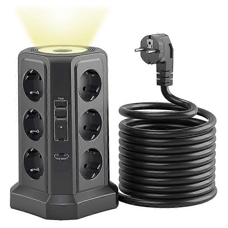 Multi functional vertical European standard socket, 3-layer 12 position desktop socket, multiple USB overload proof plug board, night light model