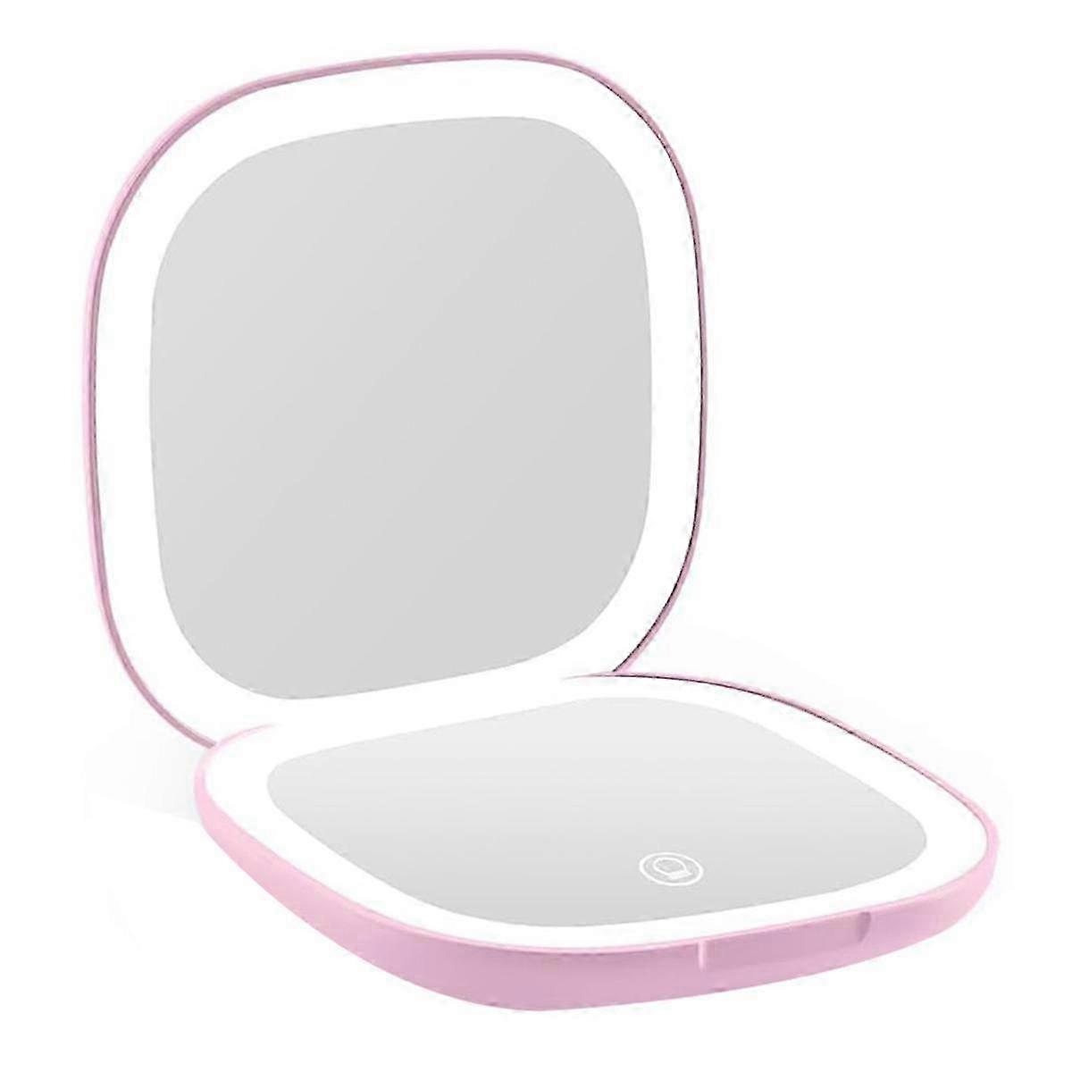 Pocket Magnifying Makeup Mirror With Led Light 3.5 Inches 10x Magnification Double Sided Rechargeable Touch Screen Pink