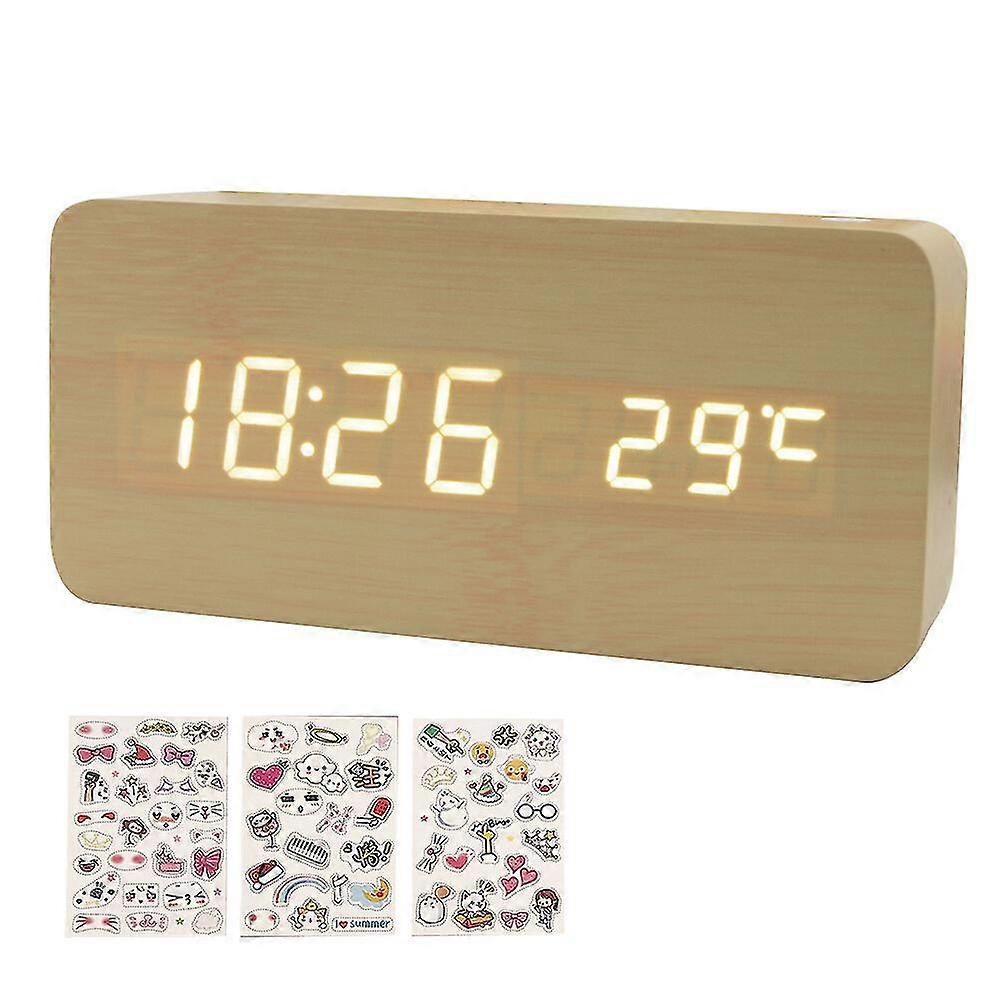 Wooden Digital Alarm Clock 8 Levels Adjustable Brightness Digital Clock With Led Time Date Temperature Display Sound Control Weekday/weekend Mode For