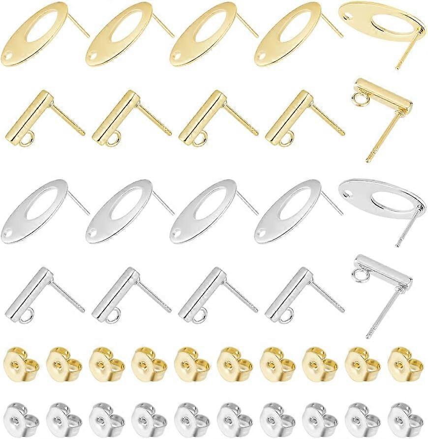 40Pcs 2 Styles 2 Colors Rectangle Stud Earring with Loop Oval Stainless Steel Stud Earring Findings Golden Ear Studs with 40Pcs Metal Ear Nuts for DIY