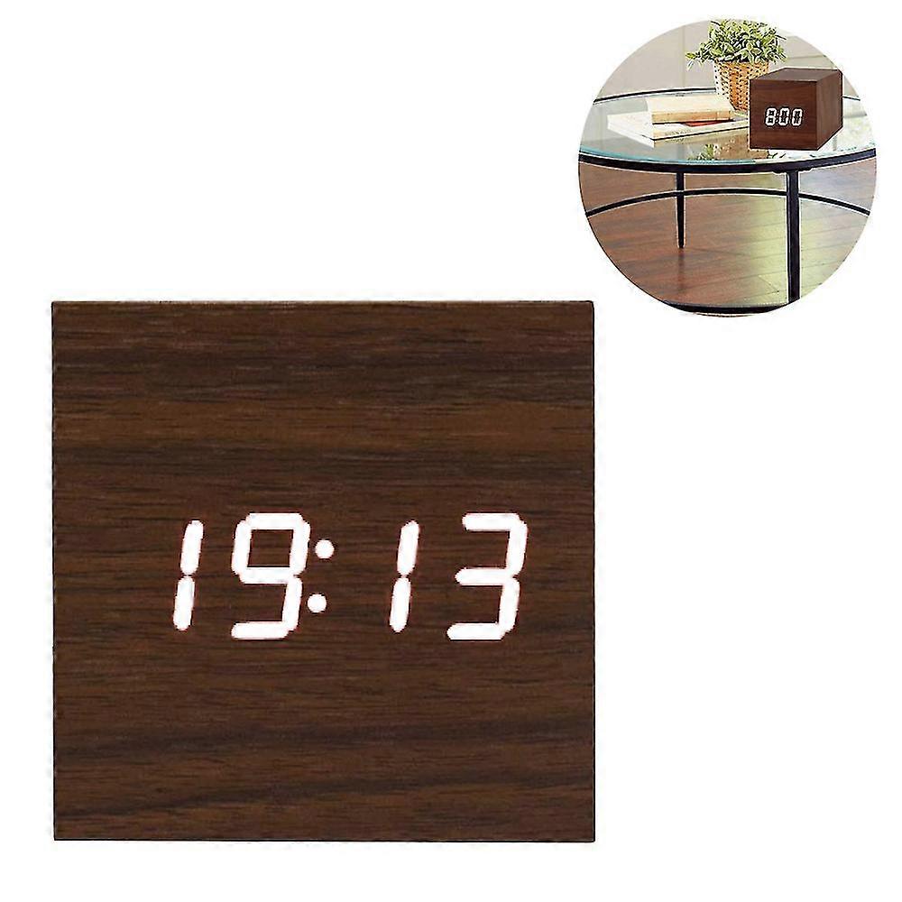 Digital Alarm Clock, Wood Led Light Mini Cube Desk Alarm Clock Displays Time Date Temperature For Home Kitchen