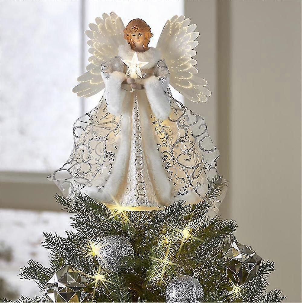 Topper branco da árvore do anjo do Natal com Lights_h conduzido