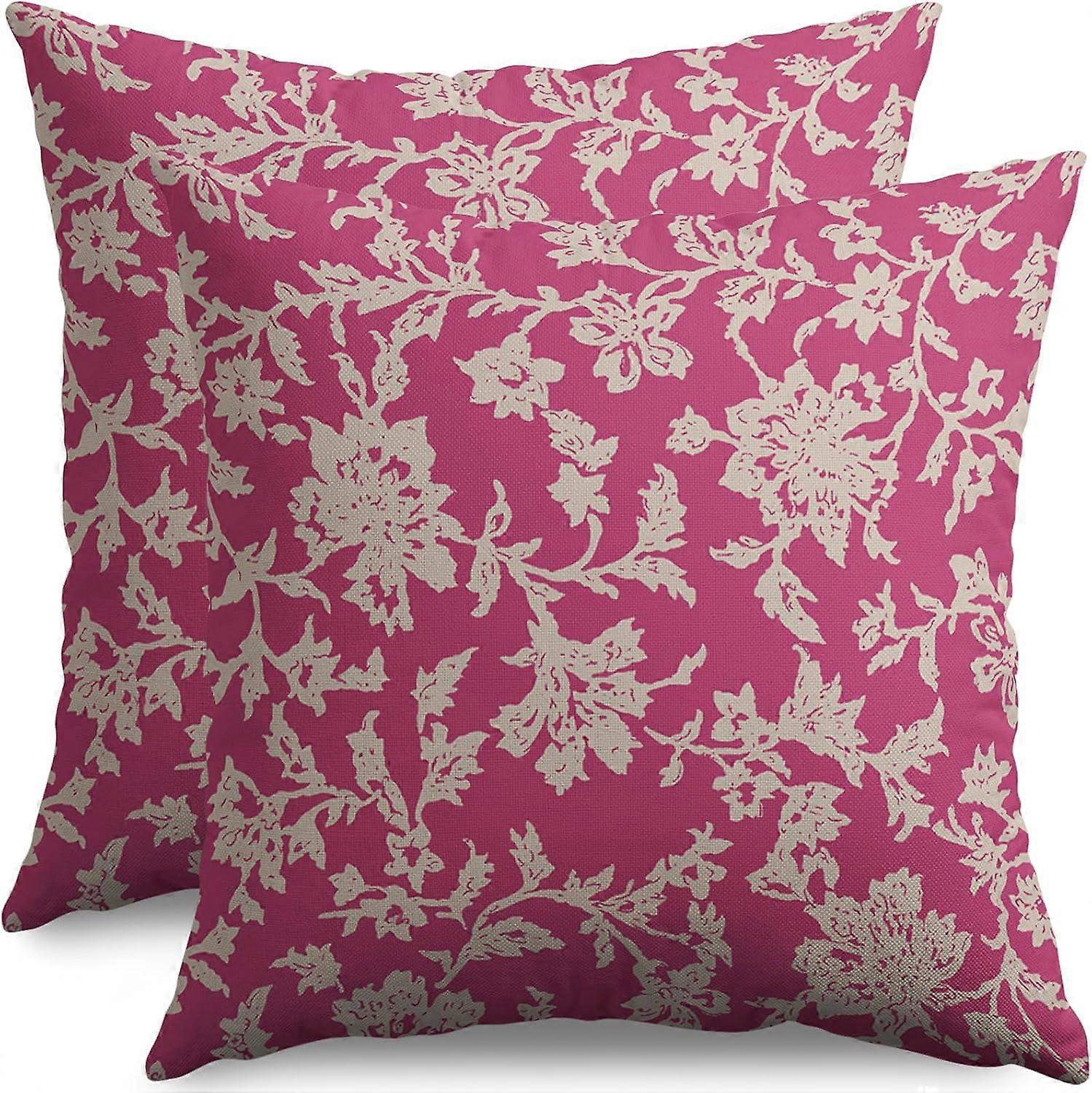 Vintage Floral Block Print Pillow Covers 16x16 Set of 2 Hot Pink Brown Cream Flower Pattern Rustic Old Style Decorative Throw Pillow Cases Outdoor Far