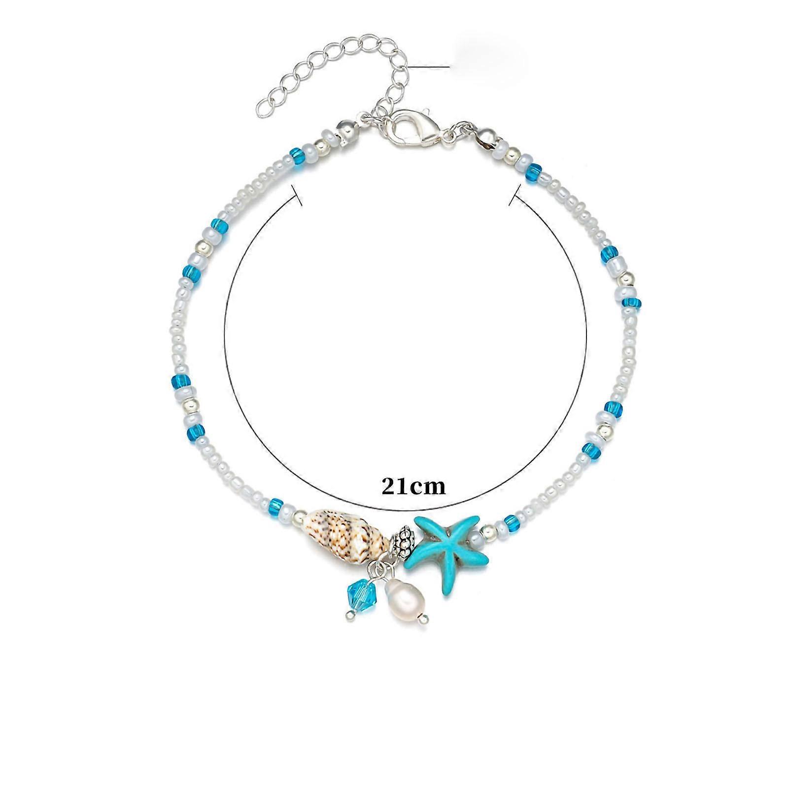 Blue Beaded Ankle Bracelet Adjustable Conch Starfish Charm