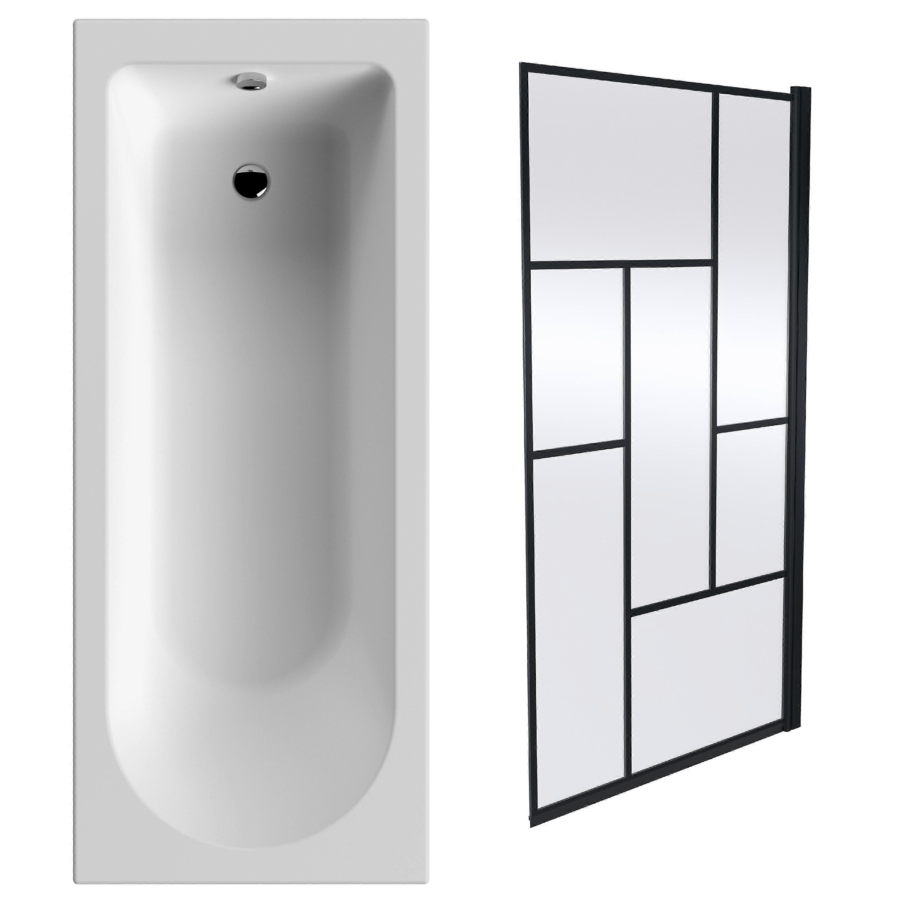 Round Single Ended 1700x700 Bath Set - Leg Set & Black Abstract Framed Screen