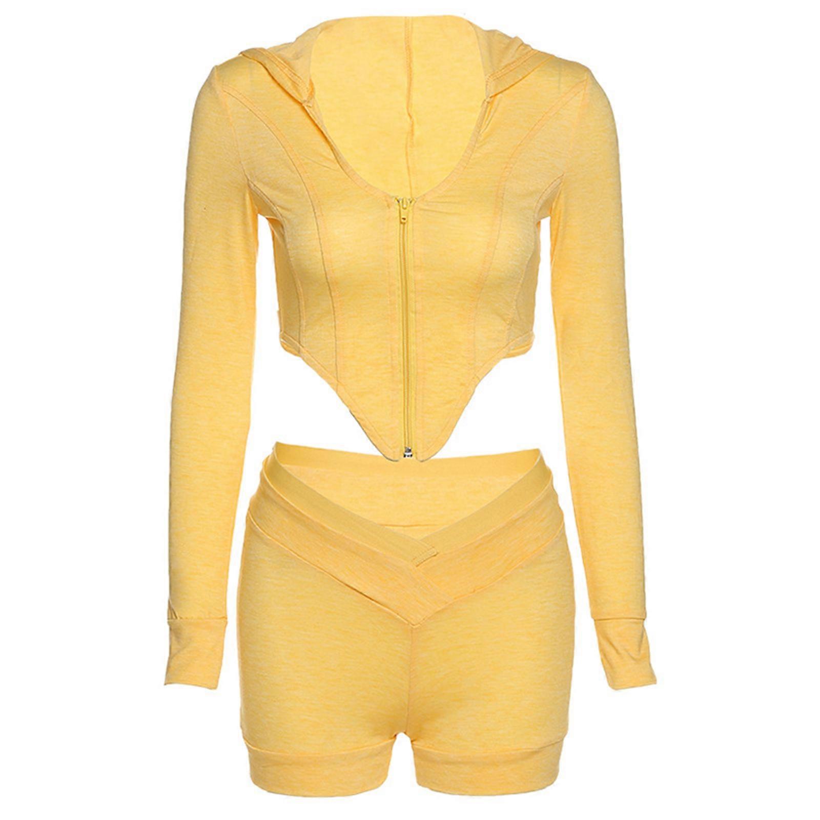 Femmes Sexy 2Pcs Tenue Ensemble Manches Longues Fermeture Éclair Sweat À Capuche Pour Veste Crop Top V-Taille Shorts Couleur Unie Bodycon Active Track Jaune S