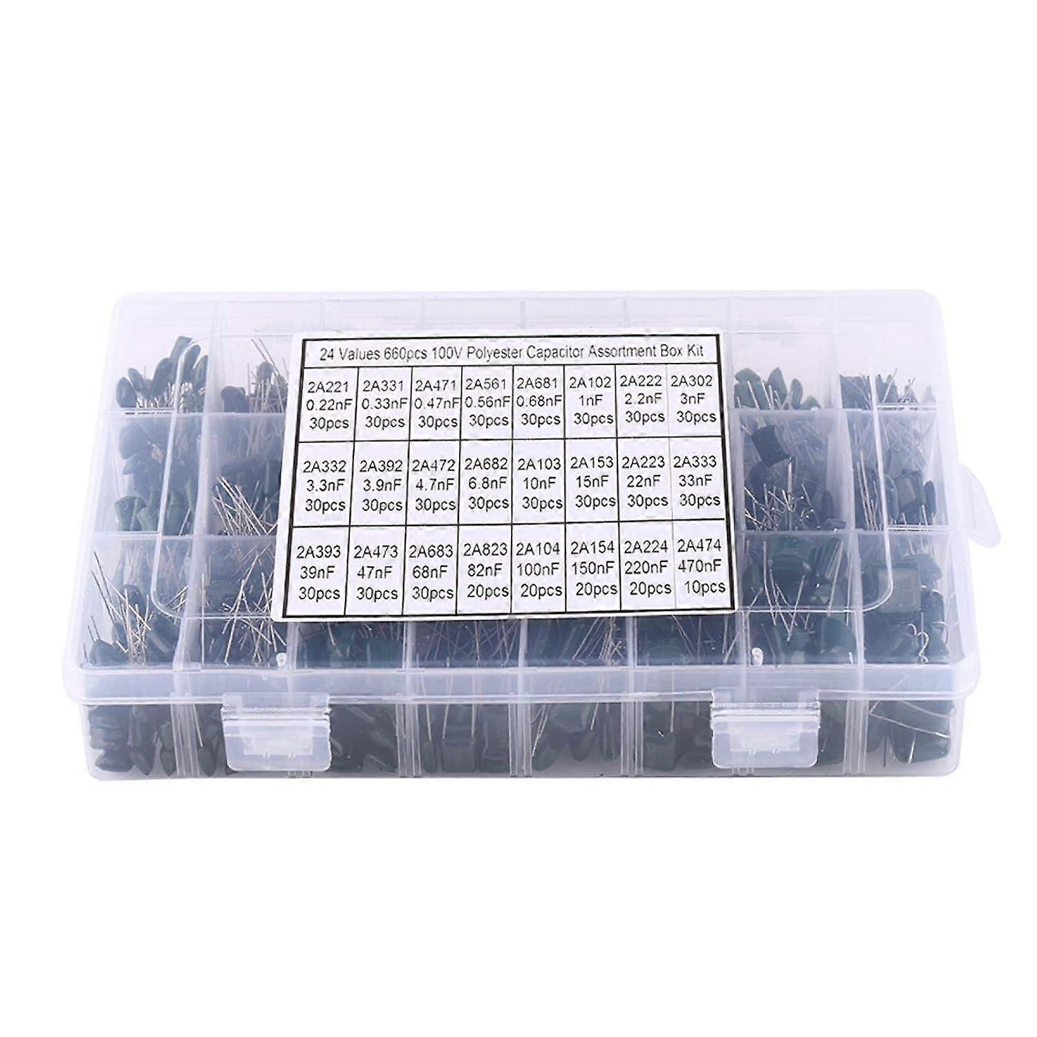 Polyester Capacitor - 660pcs Polyester Film Paper Capacitors 24Value Set 100V Assorted Kit 0.22nF to 470nF