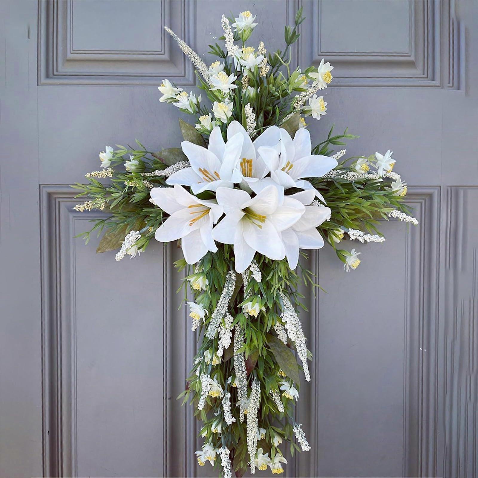Easter Cross Lily Wreath Decoration, Spring Artificial Flower Door Sign, 24-Inch Hanging Ornament for Home Welcome