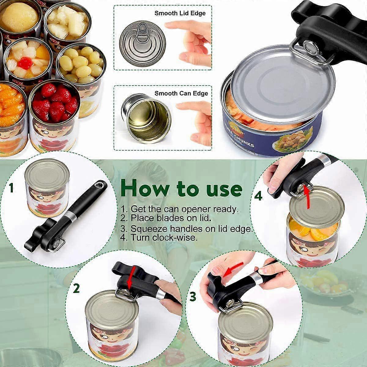 Safe cutting can opener, smooth edge can opener, ergonomic handle, manual can opener