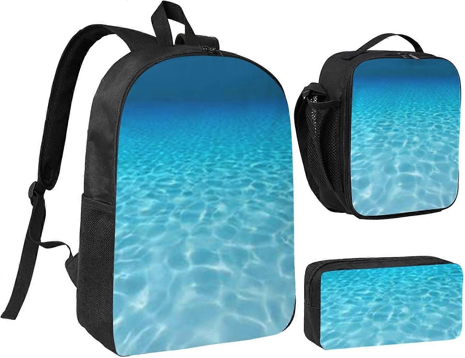 Cenário subaquático tranquilo 17 polegadas mochila escolar conjunto com estojo e lancheira, design de impressão correspondente