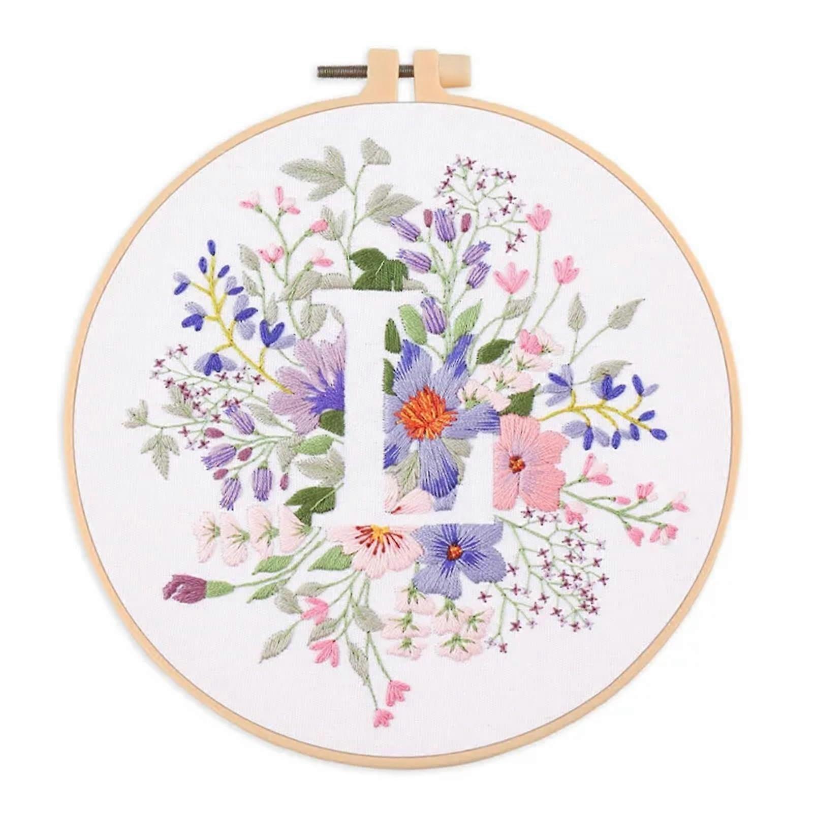 Floral Embroidery Kit for Beginner with Initial and Letter Flower Pattern, 20cm Hoop, ColorL, Easy to Use