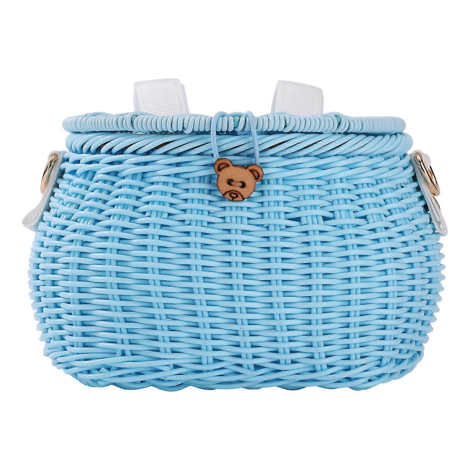 Bicycles Wicker Basket Front Handlebars Basket with Belt and Lid Plastic Wovens Bikes Basket for Kids Bikes, Scooter Sky Blue