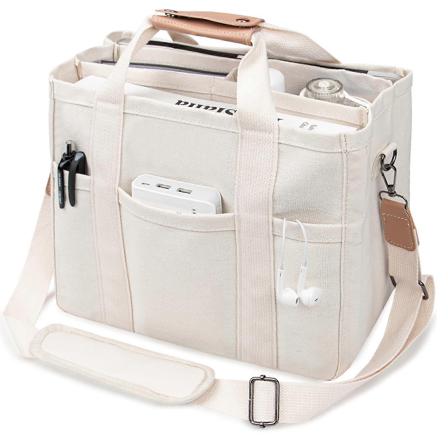 Canvas Tote Bag with Multi-Pocket Compartments for Women, Large Crossbody Shoulder Handbag in Durable Fabric