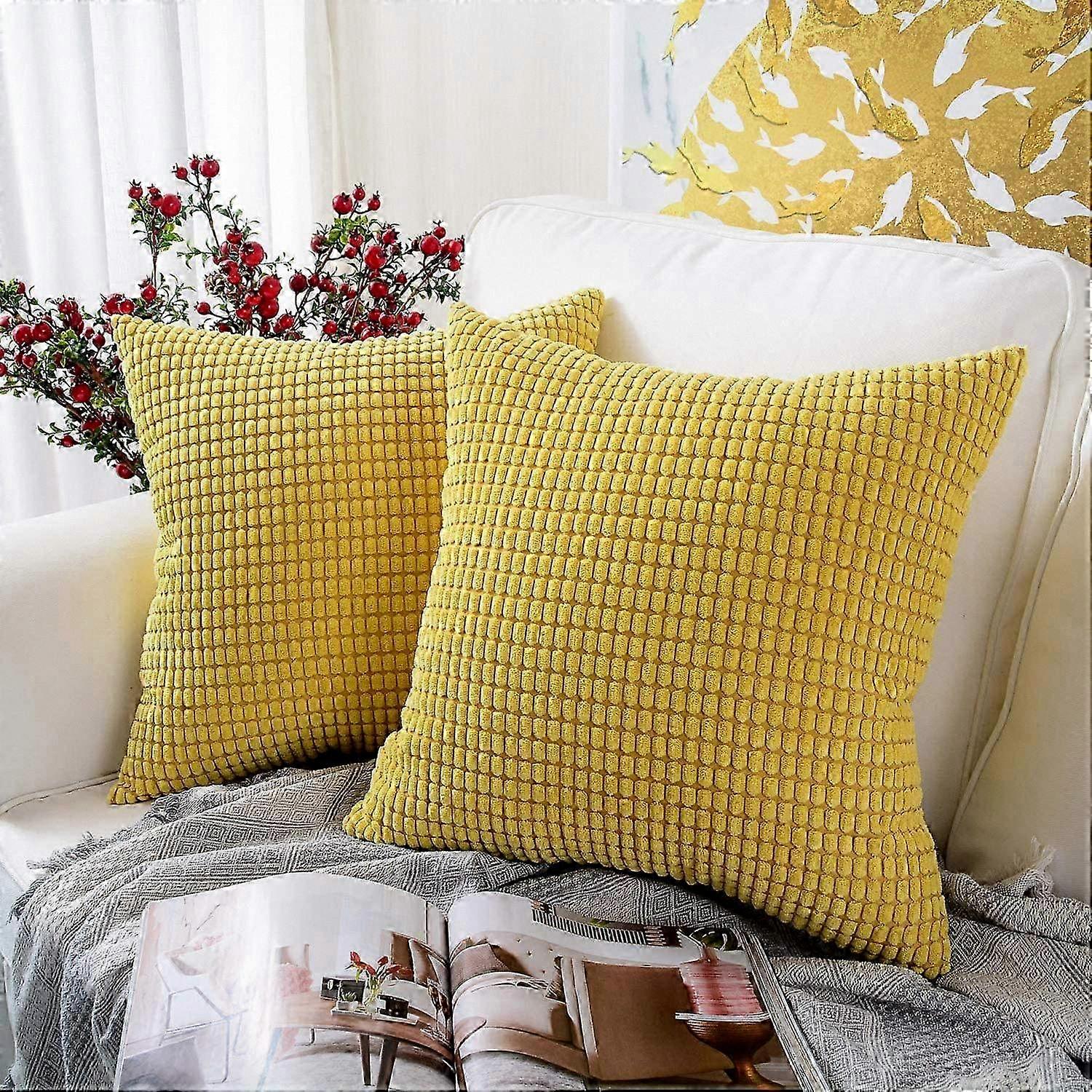 Soft Yellow Granules Decorative Cushion and Cushion Cover Set of 2, Cozy Corduroy Square Pillow Cases, Ideal Home Decorations for Sofas