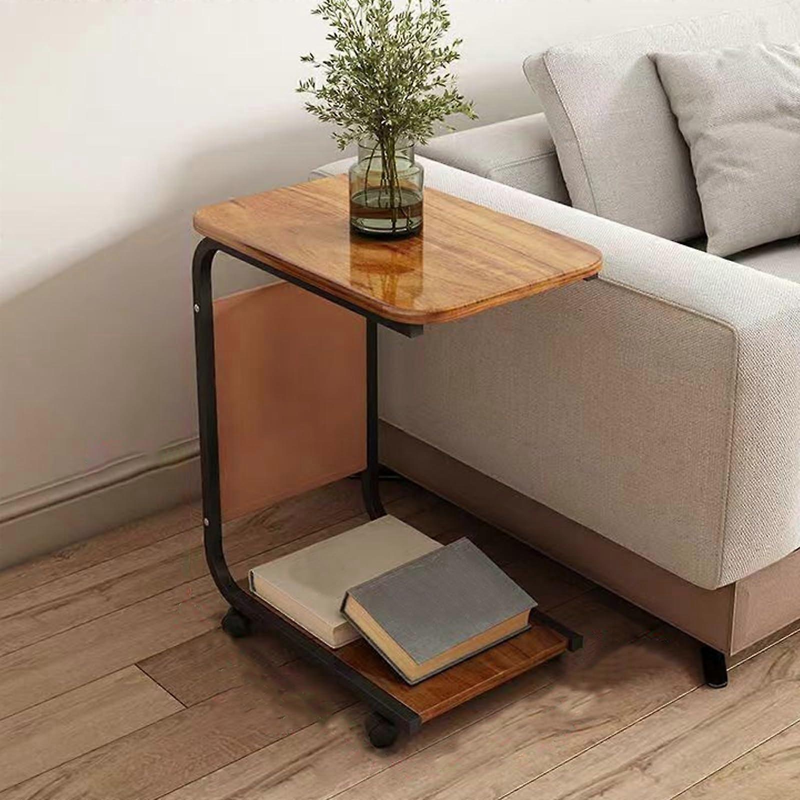 C-Shaped Rolling Side Table Mobile Sofa Table with 4 Wheels, Walnut Finish Overbed Table for Living Room and Home Office