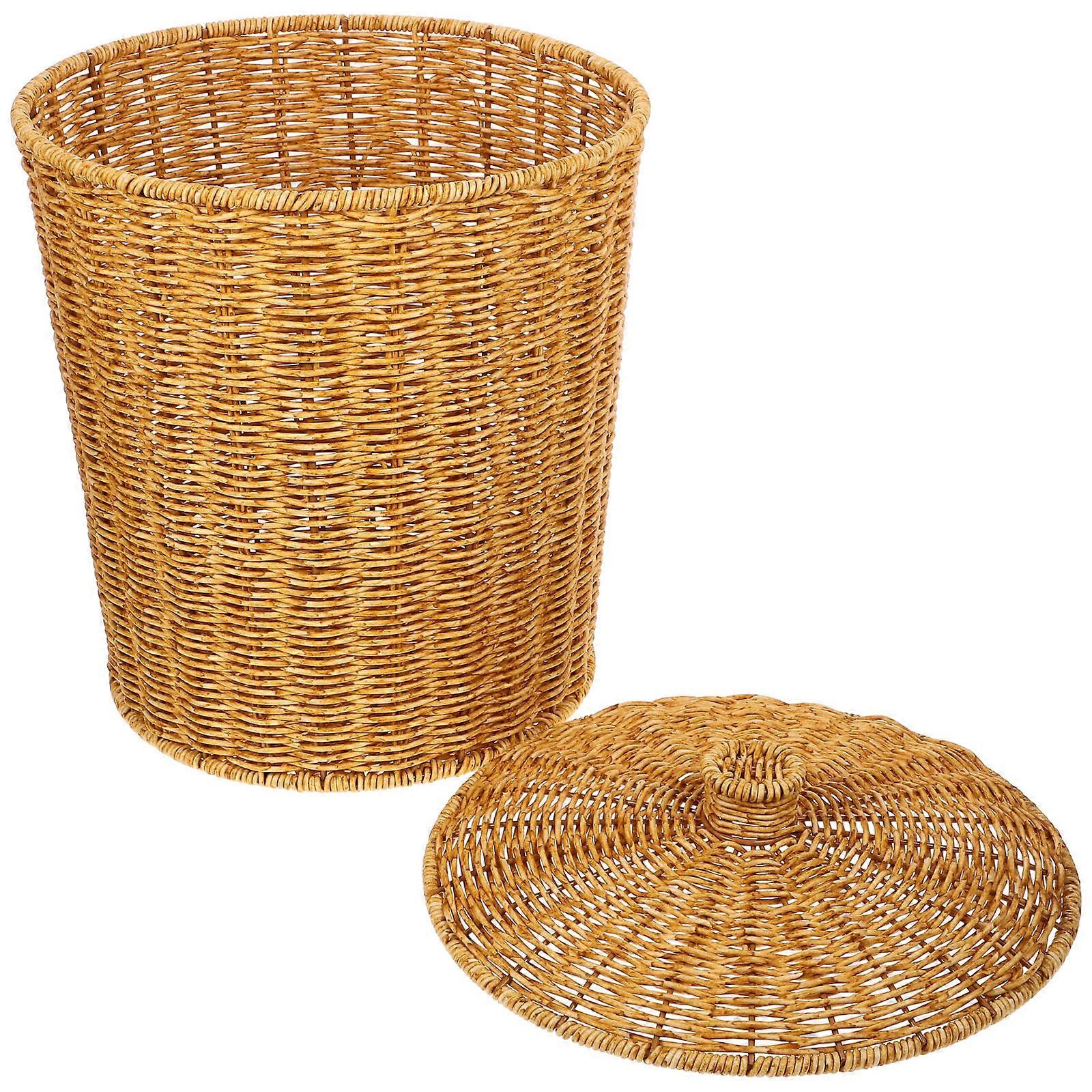 Rustic Imitation Rattan Woven Storage Basket with Lid – PP Material Space Saving Home Organization Bin for Bedroom, Living Room, and Daily Essentials