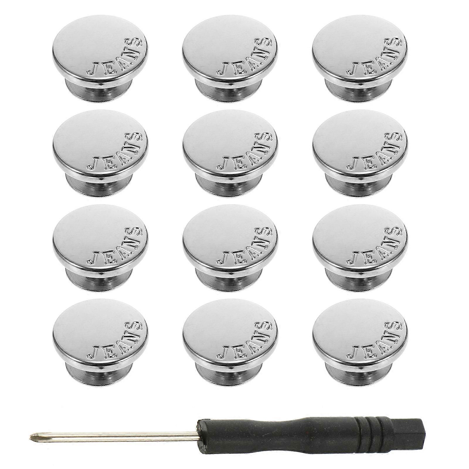 12Pcs Replacement Jeans Buttons with Screwdriver for DIY Use Sturdy Brass Silver 17mm
