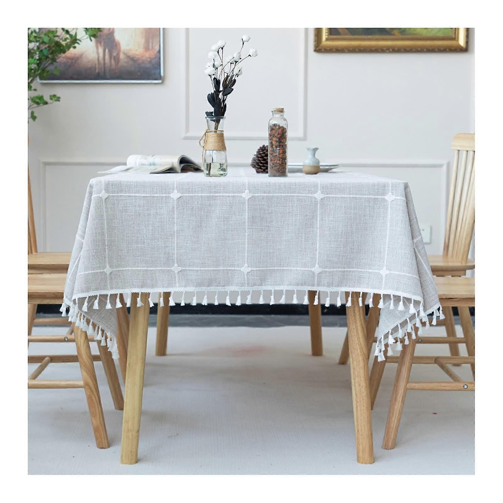 Rectangular Tablecloth 140x260 cm, Cotton Linen Washable Checkered with Fringe